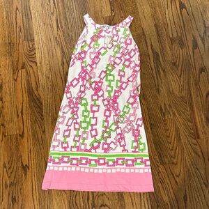 Vibrant Pink and Green Chain Print Midi Dress